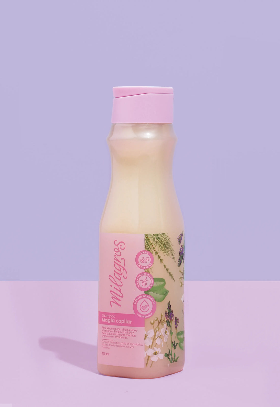 El shampoo Magia Capilar de Milagros que contiene aminoácidos, aloe vera y extracto de cola de caballo que promueven el crecimiento del cabello
